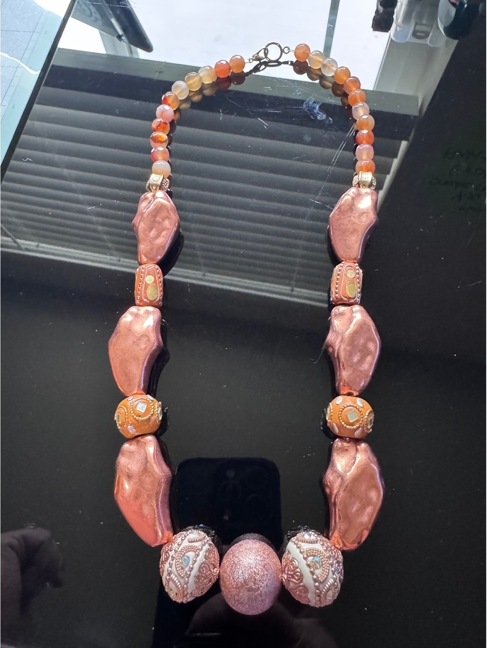 Artisan Statement Necklace Copper Rose Gold Orange Glass Lampwork Beaded 22–24”